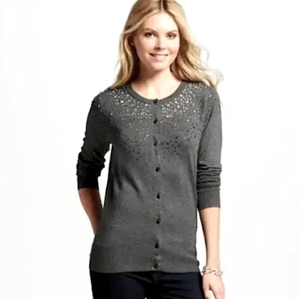 New Merona Cotton Blend Embellished Button Down Cardigan Sweater Grey Medium